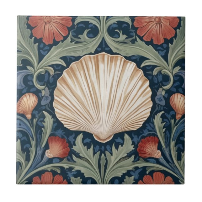 Sea Muschel William Morris Art Nautic botanisch Fliese (Vorderseite)