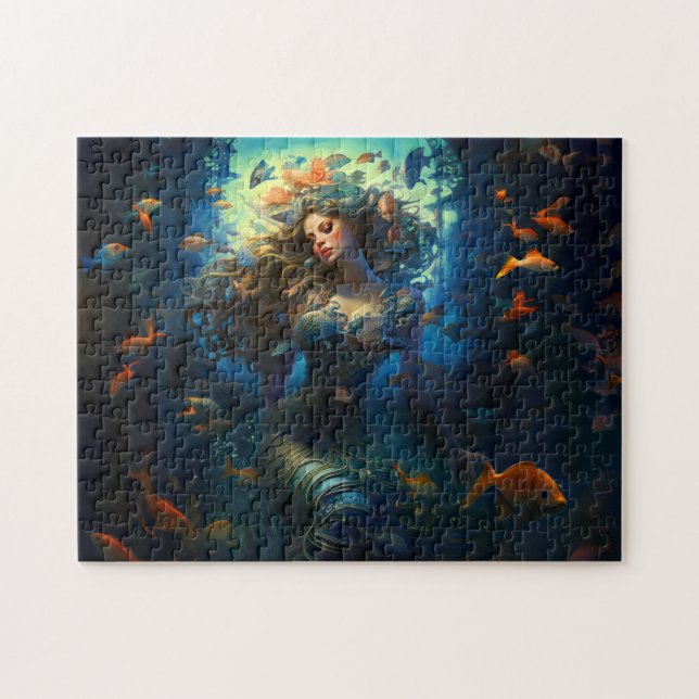 Sea Nymph Surrounded by Fish Fantasy Painting Puzzle (Horizontal)