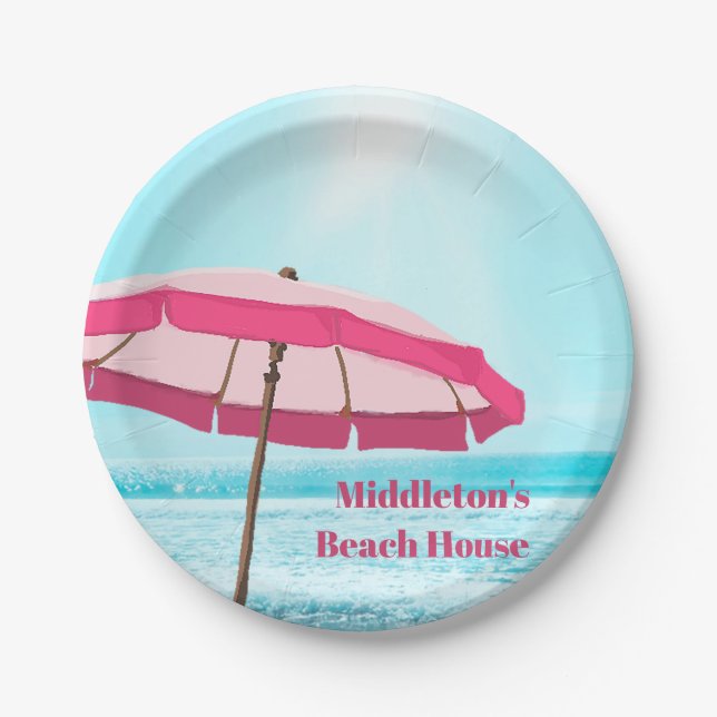 Sea Ocean Blue Summer Surf Pink Beach Umbrett Pappteller (Vorderseite)