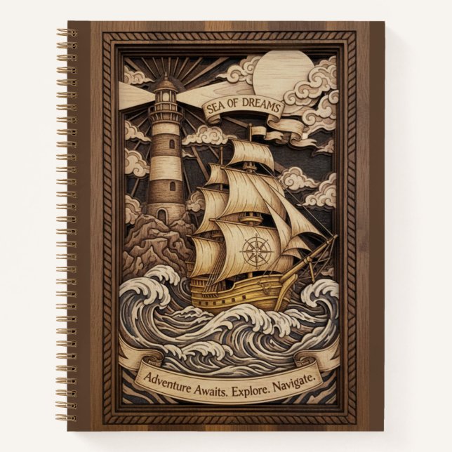 Sea of Dreams 3D Wood Carved Nautical Journal Notizbuch (Vorderseite)