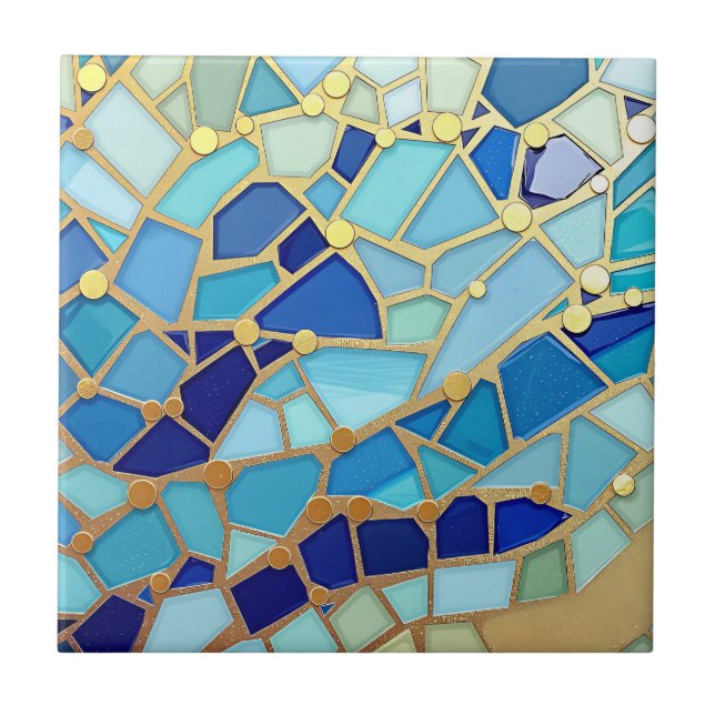 Sea of Waves Blue and Gold Mosaic Fine Art Fliese (Vorderseite)