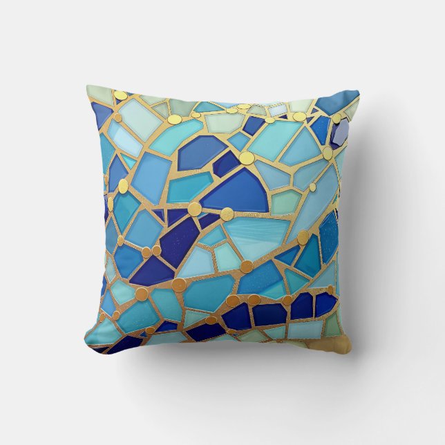 Sea of Waves Blue and Gold Mosaic Fine Art Kissen (Vorderseite)