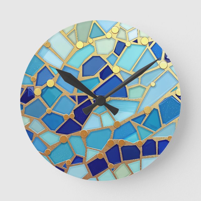 Sea of Waves Blue and Gold Mosaic Fine Art Runde Wanduhr (Vorderseite)