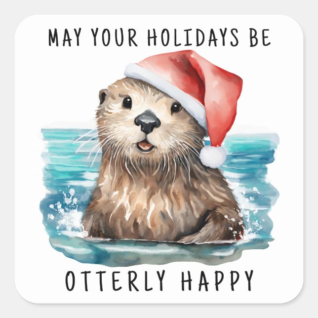 Sea Otter Weihnachten an der Küste Quadratischer Aufkleber (Vorderseite)