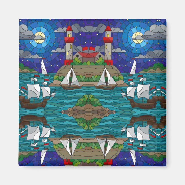 Sea Red Lighthouse Segelschiffe Shore Starry Sky Magnet (Vorne)