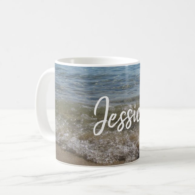 Sea & Sand Beach Waves Personalisierter Name Kaffeetasse (Vorderseite Links)