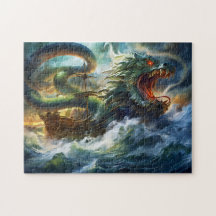 Sea Serpent Attacking Ship in Storm Fantasy Painti