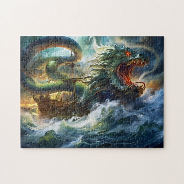 Sea Serpent Attacking Ship in Storm Fantasy Painti Puzzle (Horizontal)