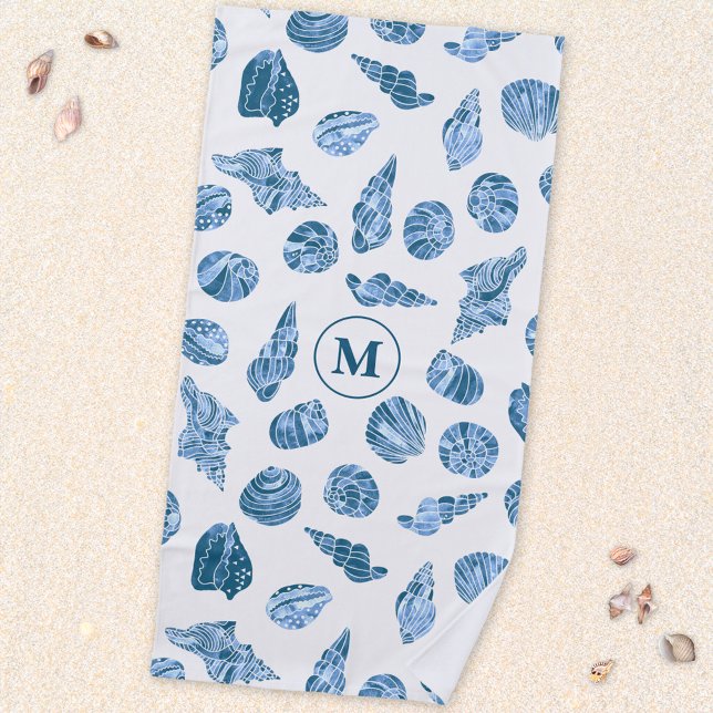 Sea Shell Watercolor Nautical Monogram Initial Strandtuch (Sea shell watercolor pattern blue and white personalized monogram initial beach towel)