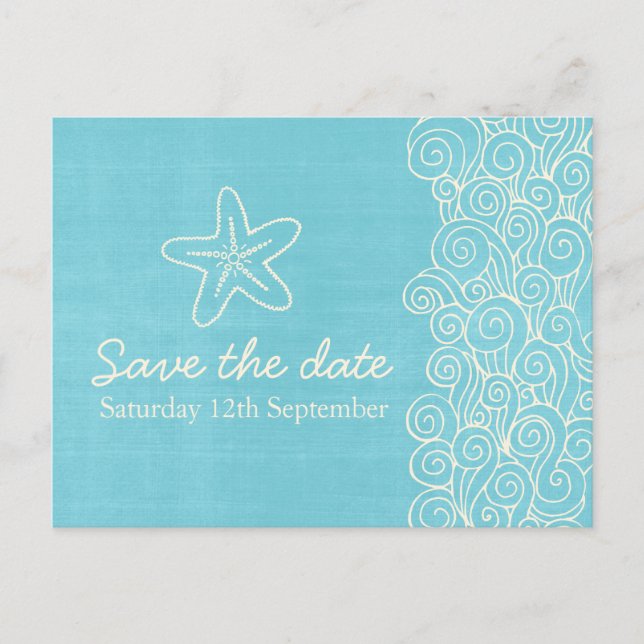 Sea Star & Wirbel Blue & Creme Save the Date Card Ankündigungspostkarte (Vorderseite)