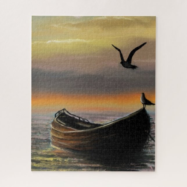 Sea Sunset Boat and Seagull Puzzleteil Geschenk Puzzle (Vertikal)