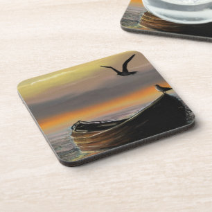 Sea Sunset Boot Seagull Flying Beverage Coaster Getränkeuntersetzer