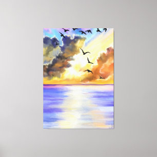 Sea Sunset Flying Birds Canvas Print - Malerei Leinwanddruck