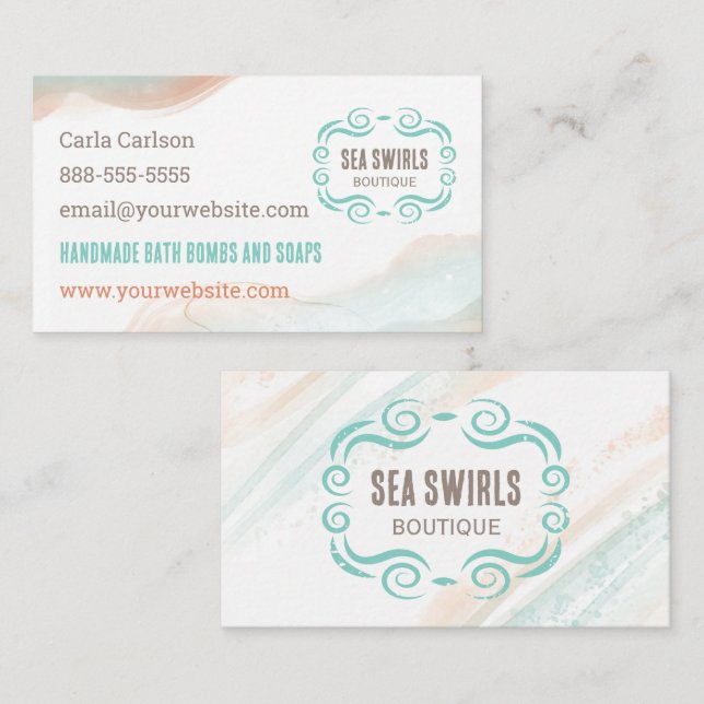 Sea Swirl Beach Watercolor Business Card Visitenkarte (Vorne/Hinten)