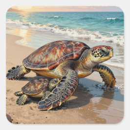 Sea Turtle and Baby on Beach Illustration Quadratischer Aufkleber