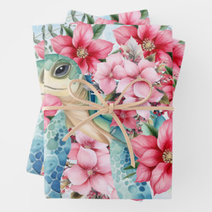 Sea Turtle and Christmas Poinsettias Wrapping Pape Geschenkpapier Set