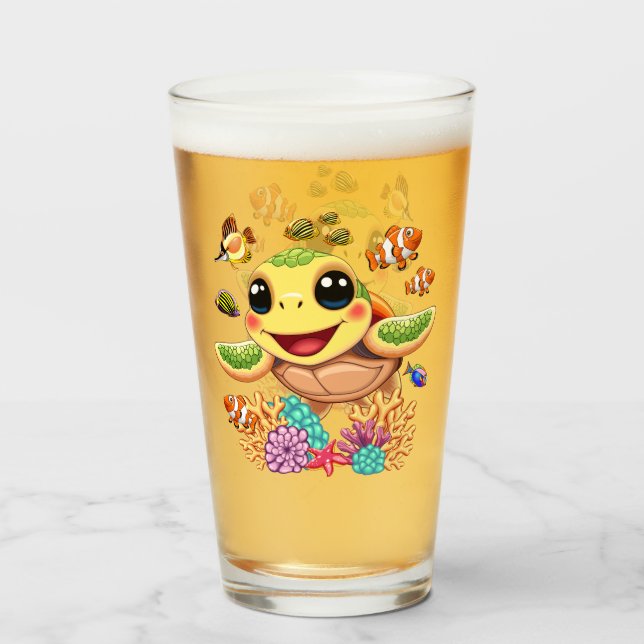 Sea Turtle Baby Happy and Süße Figur Glas (Vorne (Gefüllt))