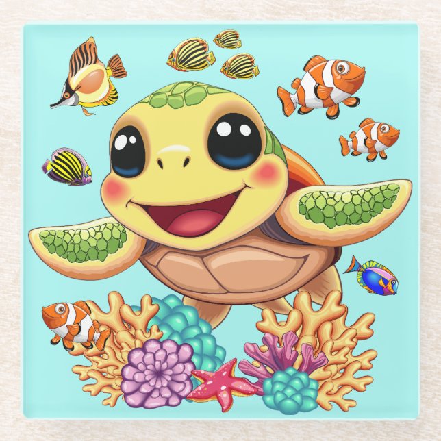 Sea Turtle Baby Happy and Süße Figur Glasuntersetzer (Vorderseite)