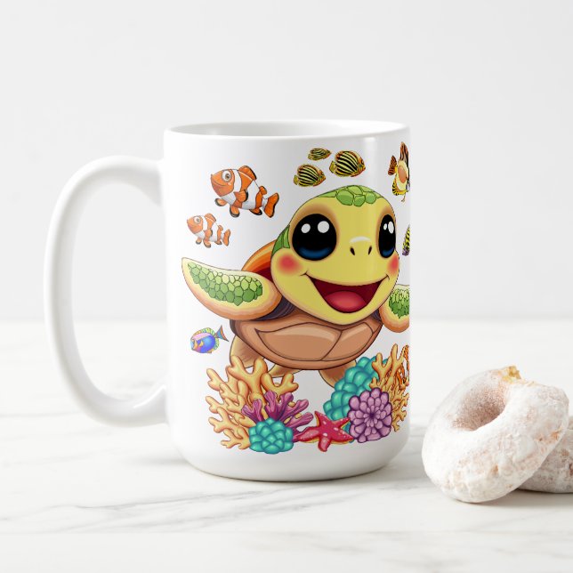 Sea Turtle Baby Happy and Süße Figur Kaffeetasse (Mit Donut)