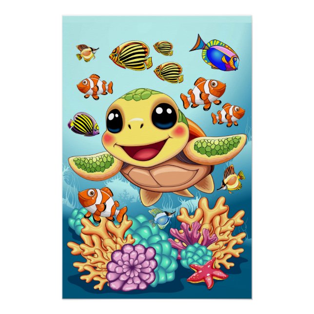 Sea Turtle Baby Happy and Süße Figur Poster (Vorderseite)