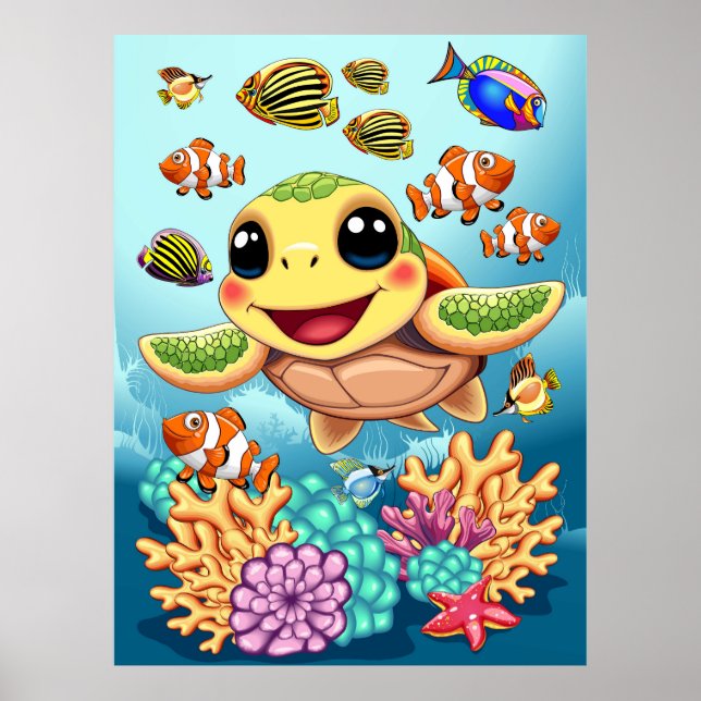 Sea Turtle Baby Happy and Süße Figur Poster (Vorne)
