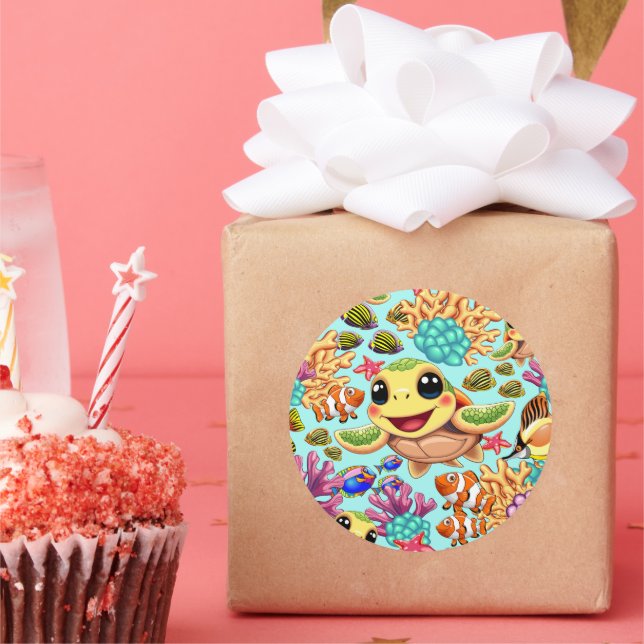 Sea Turtle Baby Happy and Süße Figur Runder Aufkleber (Party)