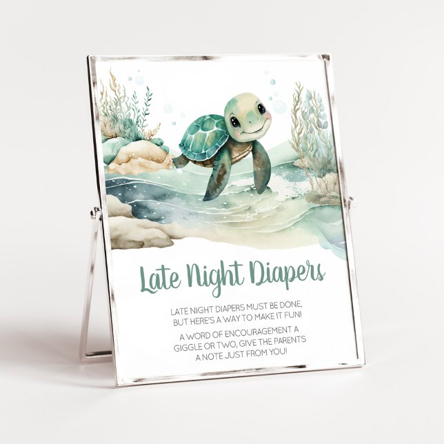 Sea Turtle Baby Shower Spate Night Diapers Poster (A Little Hatching Is On the Way Baby Shower Late Night Diapers Sign)