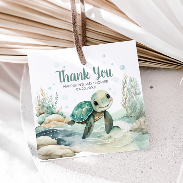 Sea Turtle Baby Showplatz Geschenkanhänger (Sea Turtle Baby Shower Square Favor Tags)
