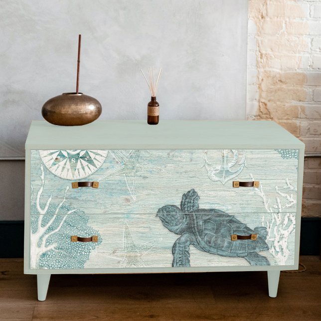 Sea Turtle Beach Blue White Coral Holz Decoupage Seidenpapier (Von Creator hochgeladen)