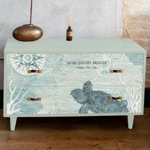 Sea Turtle Beach Blue White Wood Decoupage Name Seidenpapier