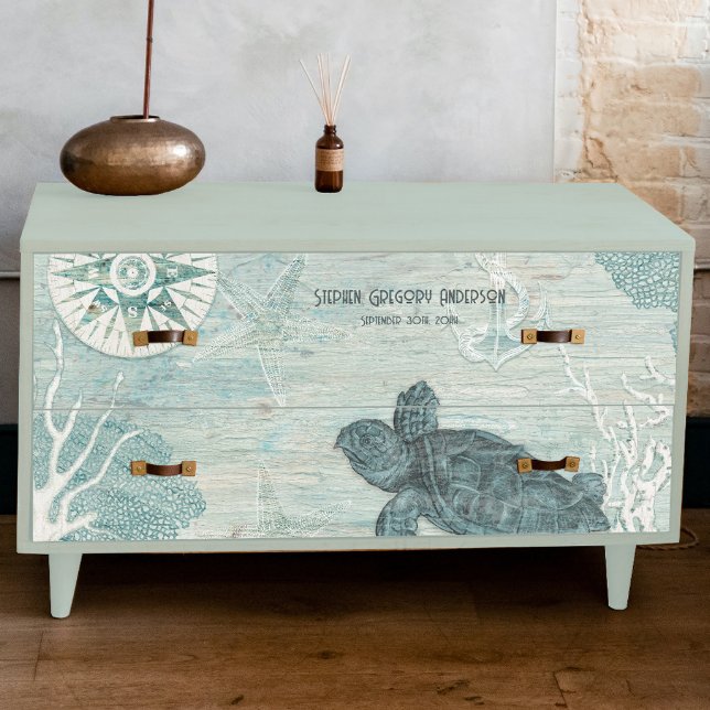 Sea Turtle Beach Blue White Wood Decoupage Name Seidenpapier (Von Creator hochgeladen)