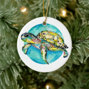 Sea Turtle Blue Circle Watercolor Keramik Ornament