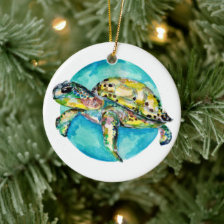 Sea Turtle Blue Circle Watercolor Keramik Ornament