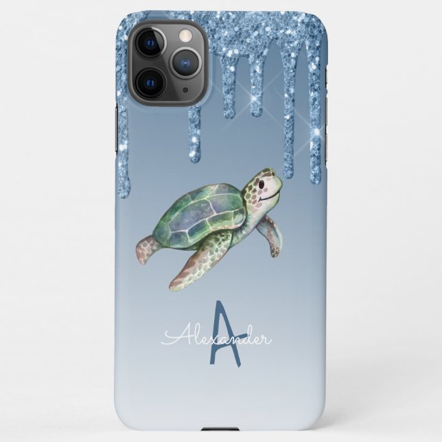 Sea Turtle Blue Glitzer Personalisierter Haushalt iPhone Hülle (Rückseite)