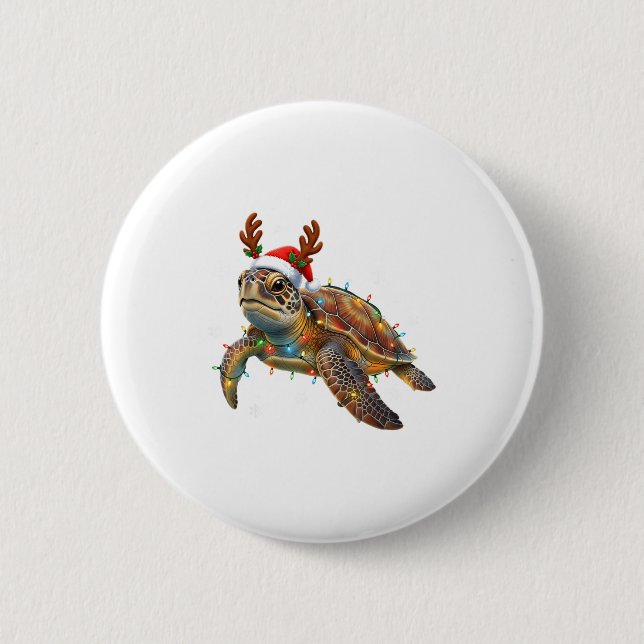 Sea Turtle Christmas Lights Funny Santa Hat Men Wo Button (Vorderseite)
