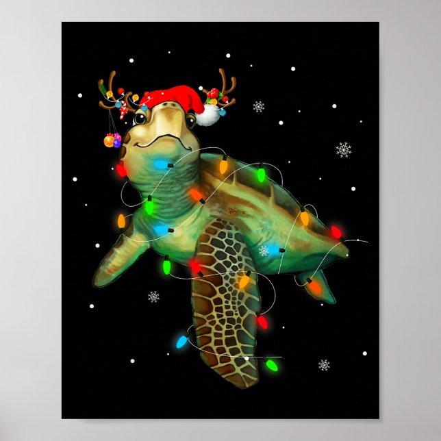 Sea Turtle Christmas Lights Funny Santa Hat Merry  Poster (Vorne)
