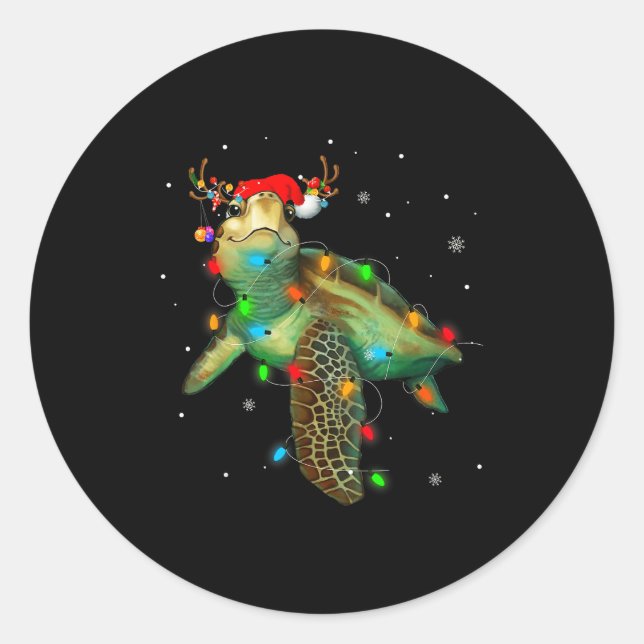 Sea Turtle Christmas Lights Funny Santa Hat Merry  Runder Aufkleber (Vorderseite)