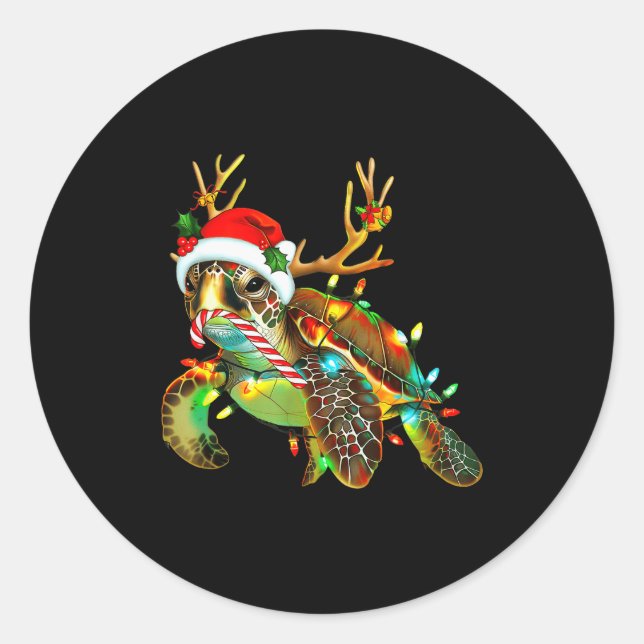 Sea Turtle Christmas Lights Santa Hat Merry Christ Runder Aufkleber (Vorderseite)
