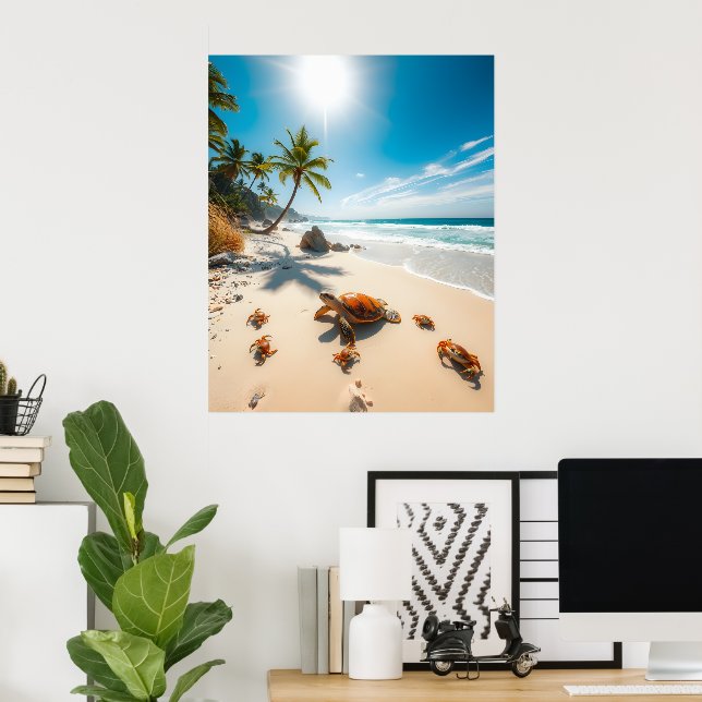Sea Turtle & Crabs on Tropical Beach – Serene Ocea Poster (Heimbüro)