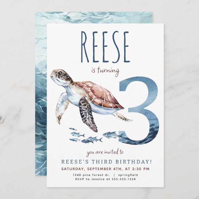 Sea Turtle Dritter Geburtstag Einladung (Vorne/Hinten)