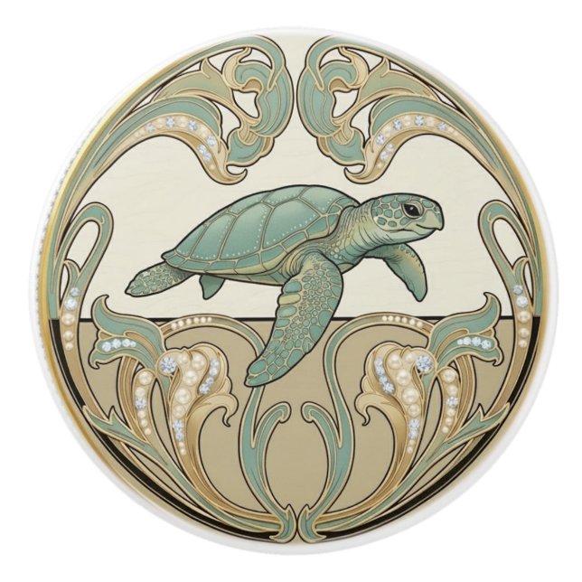 Sea Turtle Green Cream & Gold Art Deco Nouveau Keramikknauf (Vorderseite)