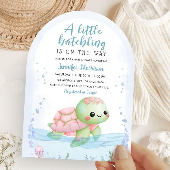 Sea Turtle Hatchling Girl Babydusche Pink Arch Einladung (Von Creator hochgeladen)
