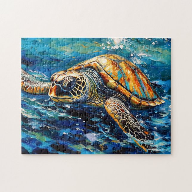 Sea Turtle in Expressive Oil Brushwork Puzzle (Horizontal)