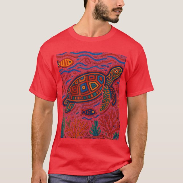 Sea Turtle Inspired by Mola Artwork of Panama Kuna T-Shirt (Vorderseite)