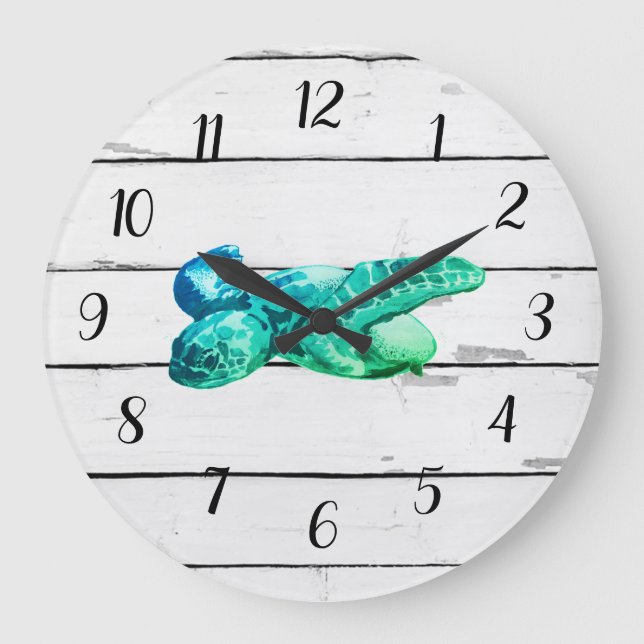 Sea Turtle Nautical Blue Wheel Schiff Rustikale De Große Wanduhr (Vorderseite)