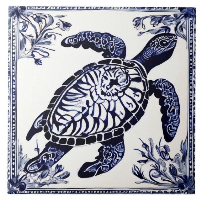 Sea Turtle Navy Blue and White Ocean Beach House Fliese (Vorderseite)