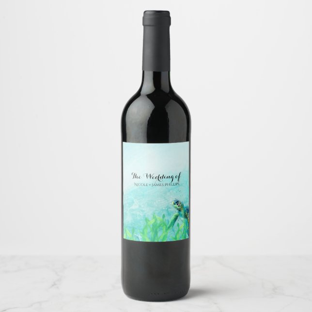Sea Turtle Ocean Beach Art Custom Wedding Wine Weinetikett (Vorderseite)