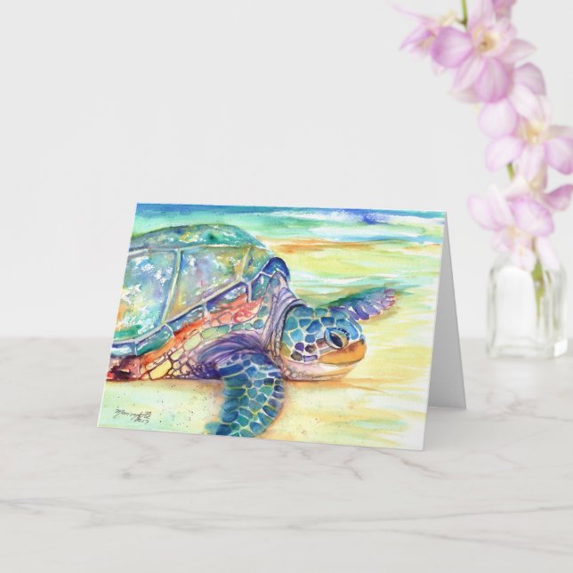 Sea Turtle on Tropical Beach Card Karte (Orchidee)