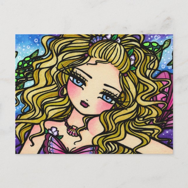 Sea Turtle Seashell Mermaid Girl Fantasy Postcard Postkarte (Vorderseite)