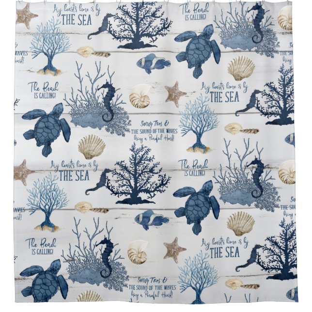 Sea Turtle Seepferd Beach Blue Rustikales Wasser Duschvorhang (Vorderseite)